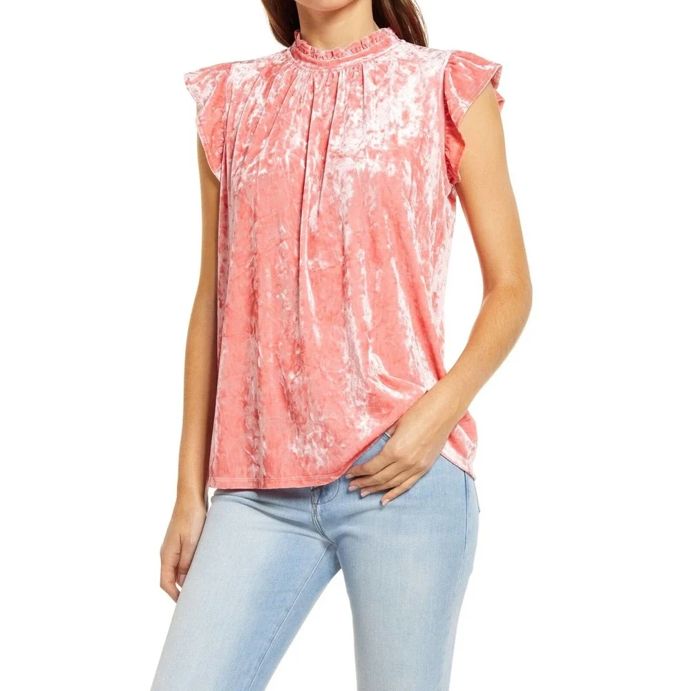 Gibsonlook Velvet Mock Neck Flutter Sleeve Top Size XL New